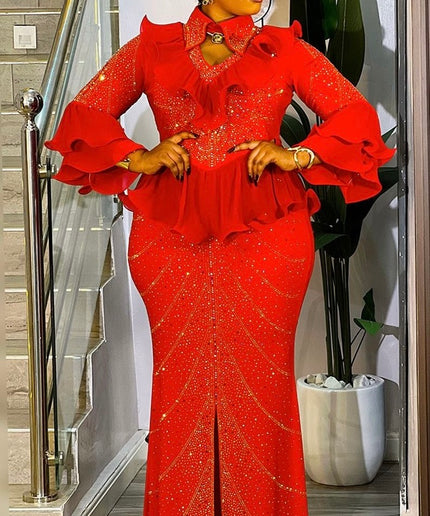 Glamorous Red Rhinestone Embellished Ruffle Peplum Maxi Dress for Wedding Guest Birthday Graduation Church Anniversary Cocktail Party