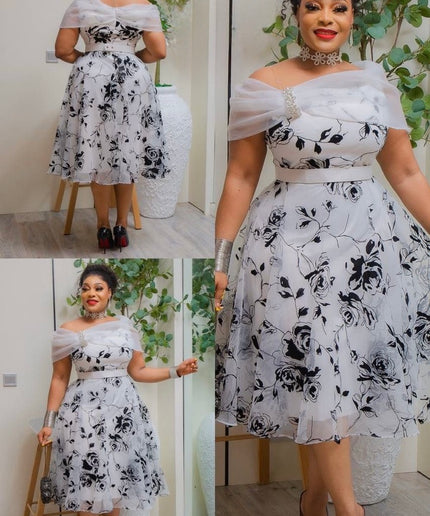 Red Off-Shoulder Rhinestone Embellished Twirl Skater Midi Dress Wedding Guest Cocktail Party Dinner Birthday Church Gala Anniversary