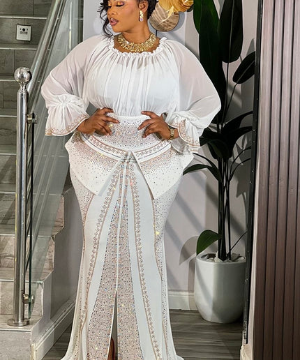 White Rhinestone Peplum Chiffon Maxi Dress for Party Wedding Birthday Dinner Cocktail Mother of The Bride