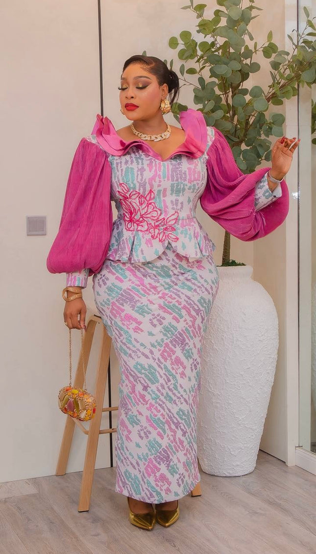 Stunning Pink Brocade Bishop Sleeve Ruffle Peplum Dress: Mother of The Bride Attire Wedding Guest Outfit Birthday Party Cocktail