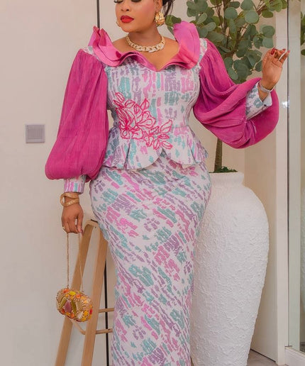 Stunning Pink Brocade Bishop Sleeve Ruffle Peplum Dress: Mother of The Bride Attire Wedding Guest Outfit Birthday Party Cocktail