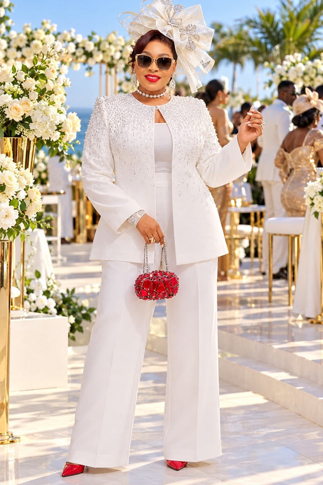 Elegant Black Rhinestone Embellished 2-Piece Jacket & Wide-Leg Pants Suit: Formal Wedding Guest Holiday Cocktail Party Church Reception Anniversary Mother of The Bride