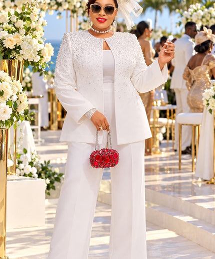 Classy White Rhinestone Embellished Suit 3-Piece Wide-Leg Pant Set, Jacket Pants Camisole: Formal Wedding Guest Holiday Cocktail Party Church Reception Anniversary Mother of The Bride