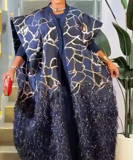 Metallic Green Feathered Brocade Kaftan Dress 2-Piece Set for Wedding Guest Engagement Ceremony Mother of The Bride