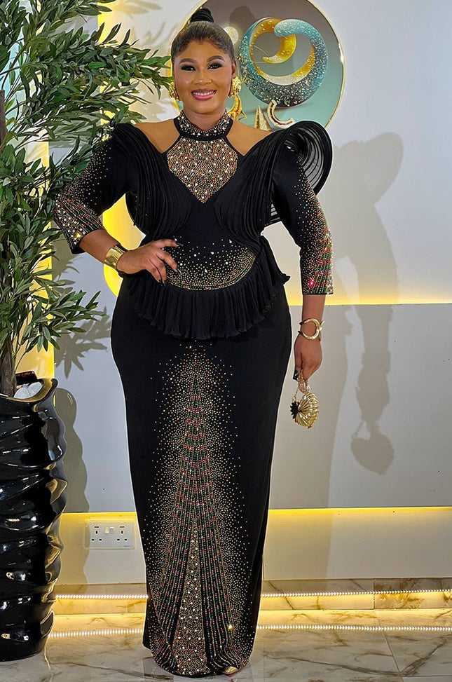 Dramatic Black Sculpted Shoulder Rhinestone Peplum Dress: Party Gala Wedding Cocktail