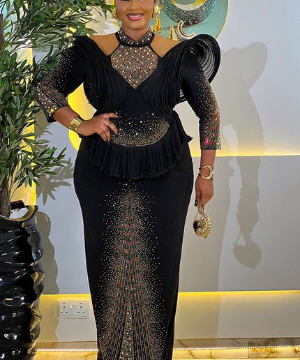 Dramatic Black Sculpted Shoulder Rhinestone Peplum Dress: Party Gala Wedding Cocktail