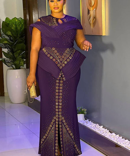 Dramatic Shoulder Embellished Peplum Maxi Dress: Wedding Guest Attire Mother of The Bride Graduation Party