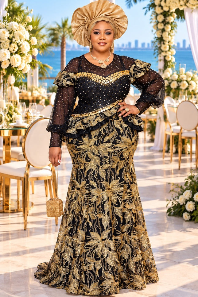 Black & Gold Embellished Peplum Mermaid Dress Formal Gown Mother of The Bride Birthday Celebrant Wedding Guest  Plus Size