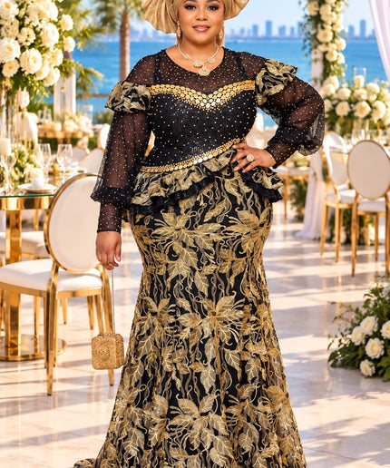 Black & Gold Embellished Peplum Mermaid Dress Formal Gown Mother of The Bride Birthday Celebrant Wedding Guest  Plus Size