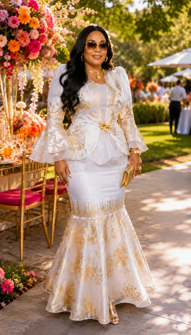 White & Gold Ruffle Peplum Maxi Dress for Mother of The Bride Wedding Guest Cocktail Reception Engagement Ceremony