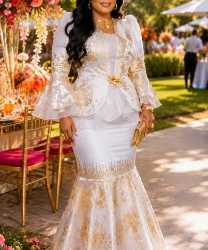 White & Gold Ruffle Peplum Maxi Dress for Mother of The Bride Wedding Guest Cocktail Reception Engagement Ceremony
