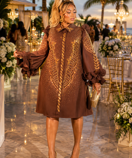 Exquisite Black Crystal Embellished Ruffle Twirl Midi Shirt Dress for Bridal Shower Church Cocktail Party Wedding Guest