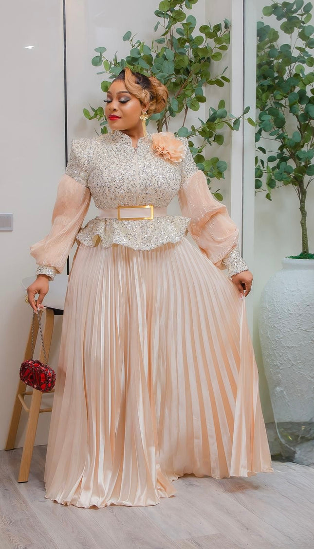 Gold Sequin Bishop Sleeve Peplum Top and Pleated A-Line Skirt Set for Mother of The Bride Wedding Guest Birthday Party Dinner Photoshoot