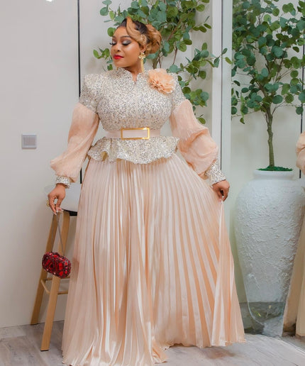 Gold Sequin Bishop Sleeve Peplum Top and Pleated A-Line Skirt Set for Mother of The Bride Wedding Guest Birthday Party Dinner Photoshoot