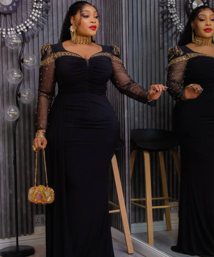 Black Rhinestone Embellished Stretch Ruched Draped Maxi Dress: Wedding Guest Birthday Cocktail Party Black Tie Attire