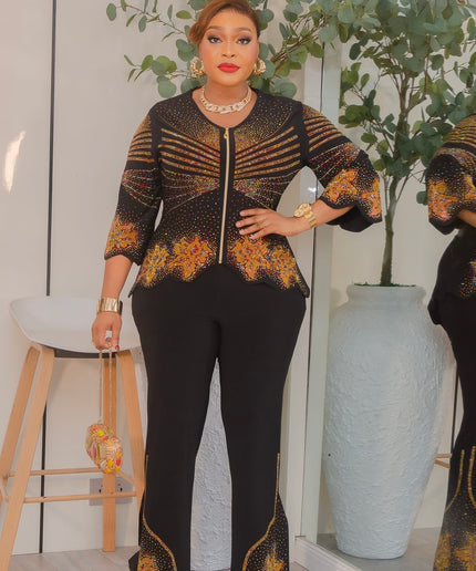Black Rhinestone Embellished 2-Piece Set, Matching Curvy Top & Pants: Wedding Guest Outfit Graduation Cocktail