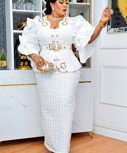 Savvy Embellished Ruffle Sleeve Top & Skirt 2-Piece Set for All White Party Birthday Outfit Graduation Suit Mother of The Bride Attire Wedding Guest