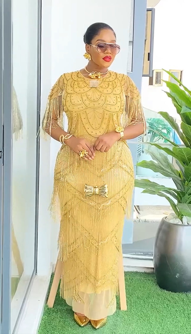 Fringe Crystal Embellished Gown | Bridal Mother of The Bride Birthday Party