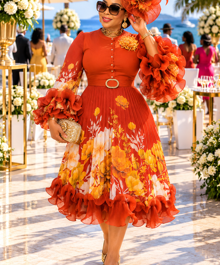 Burnt Orange Sculptural Ruffle Pleated Twirl Midi Dress for Wedding Guest Tea Party Birthday Cocktail Reception Dinner Outfit