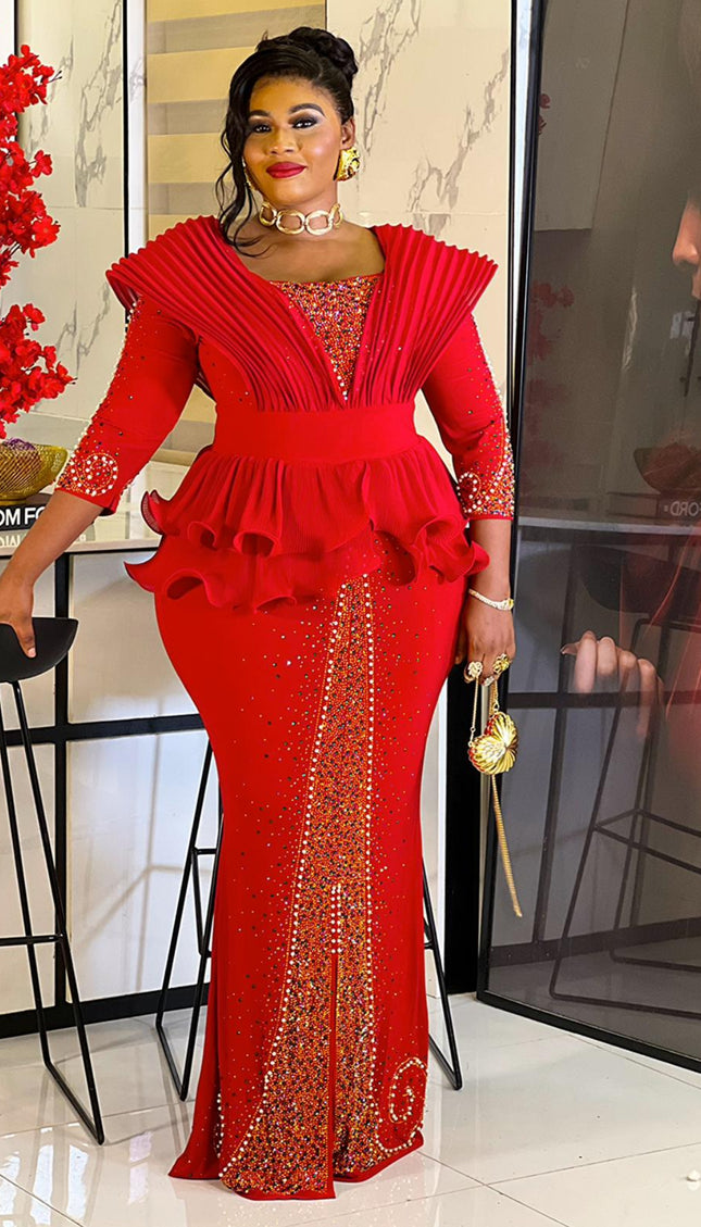 Red Rhinestone Embellished Peplum Maxi Dress - Mother of The Bride Birthday Party Guest Cocktail Dinner