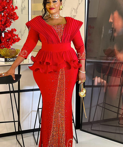 Red Rhinestone Embellished Peplum Maxi Dress - Mother of The Bride Birthday Party Guest Cocktail Dinner