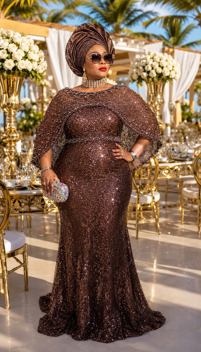 Dressed To Dazzle Gold Sequin Embellished Cape Evening Gown for Bridal Photoshoot Cocktail Reception Wedding Guest Mother of Bride Celebrant Birthday Party Dress