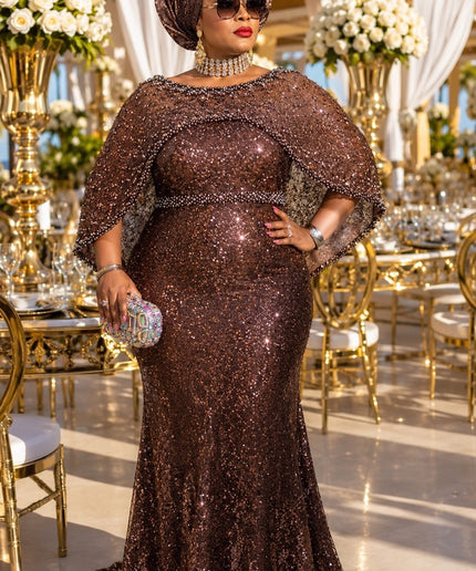 Dressed To Dazzle Brown Sequin Embellished Cape Formal Evening Gown for Bridal Photoshoot Cocktail Reception Wedding Guest Mother of The Bride Celebrant Birthday Party