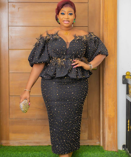 Off-Shoulder Embellished Peplum Feathered Dress: Wedding Guest Mother of The Bride Birthday Cocktail Party