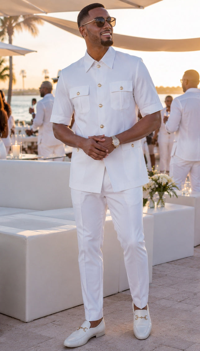 Men's White Party Outfit Matching Stretch Cotton Top & Pants 2-Piece Set for Wedding Guest Birthday Photoshoot Graduation Church Anniversary