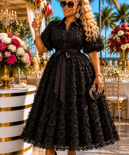 "It's Giving Luxury" White 3D Flower Pleated Maxi Dress for Wedding Guest Church Anniversary Birthday Tea Cocktail Reception Engagement Ceremony Party Outfit