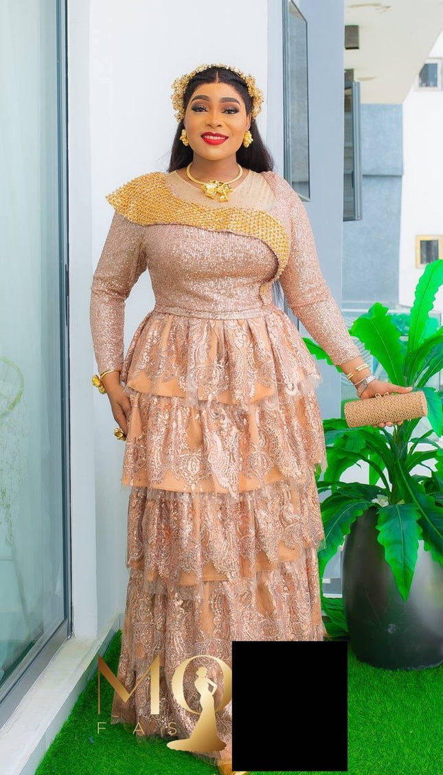 Ruffle Tiered Pleated Sequin Evening Gown | Wedding Guest Mother of The Bride Celebrant Party