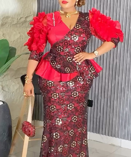 Dramatic Sleeve Peplum Mermaid Dress | Birthday Party Wedding Guest