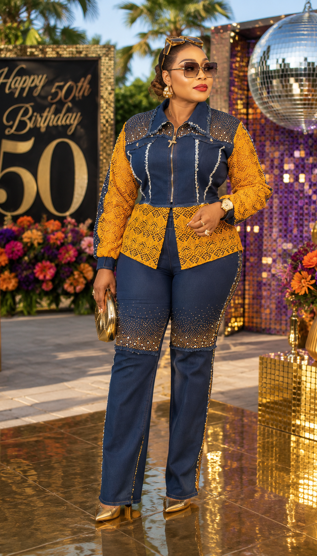 Luxury Gold Rhinestone Embellished Denim, Diamonds & Lace 2-Piece Set, Birthday Dinner Photoshoot Weekend Get-Together Party Top & Pants Outfit Women's Plus Size Stretch Jeans