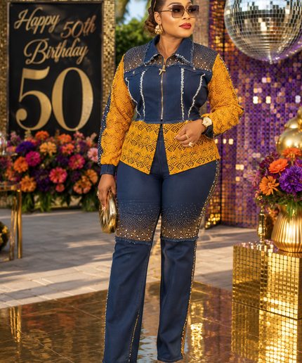 Luxury Gold Rhinestone Embellished Denim, Diamonds & Lace 2-Piece Set, Birthday Dinner Photoshoot Weekend Get-Together Party Top & Pants Outfit Women's Plus Size Stretch Jeans