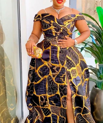 Dramatic Black Off-The-Shoulder Brocade Maxi Dress with Slit for Mother of The Bride Wedding Guest Cocktail A-Line Gown