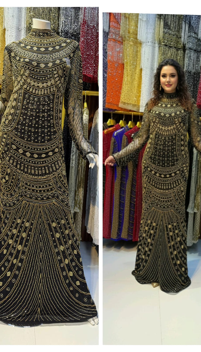 Orange Bead-Embellished Long Sleeve Mermaid Gown: Wedding Guest Attire Mother of the Bride Birthday Party Prom Dress