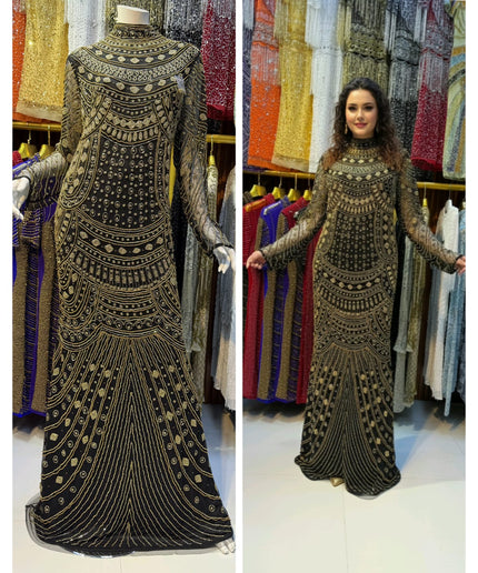 Orange Bead-Embellished Long Sleeve Mermaid Gown: Wedding Guest Attire Mother of the Bride Birthday Party Prom Dress