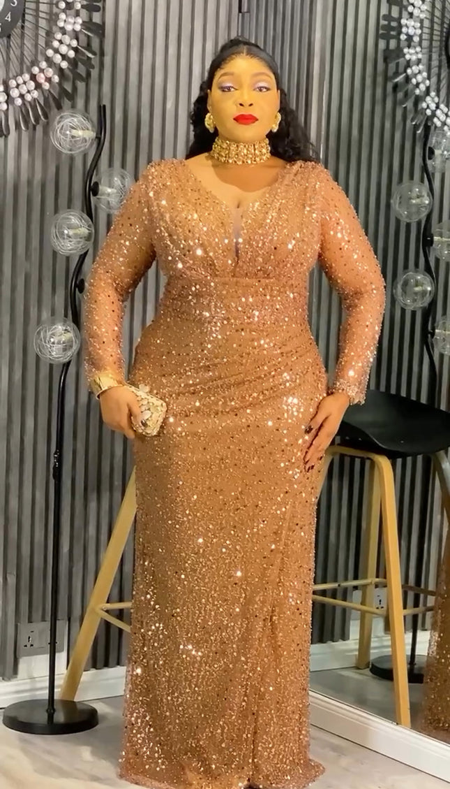 Plus Size Brown Sequin Long Sleeve Maxi Dress - Mother of The Bride Wedding Guest Attire