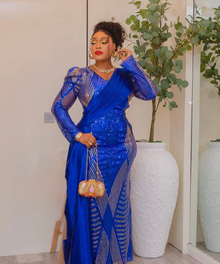 Sexy Orange Sequin Long Sleeve Draped Maxi Dress: Wedding Birthday Anniversary Gala