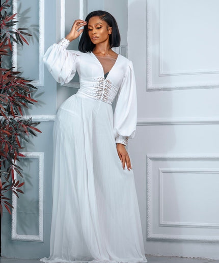 White Pleated Embellished Wide Leg Jumpsuit
