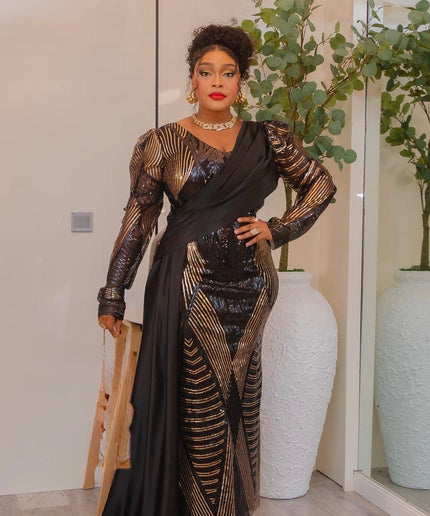 Sexy Orange Sequin Long Sleeve Draped Maxi Dress: Wedding Birthday Anniversary Gala