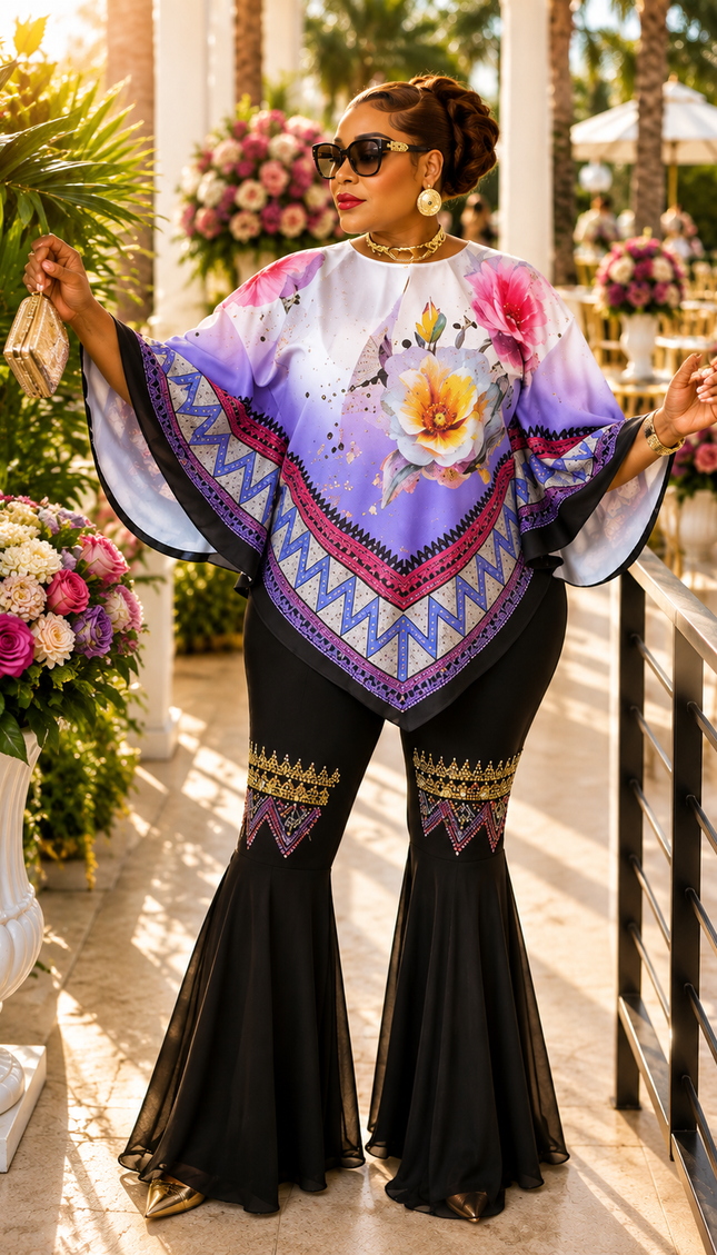 Dressed in Pink Floral Rhinestone Kaftan Top & Black Bell Bottom Pants Curvy Two-Piece Set Birthday Dinner Cocktail Reception Wedding Guest Party Outfit