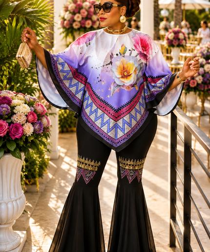 Dressed in Pink Floral Rhinestone Kaftan Top & Black Bell Bottom Pants Curvy Two-Piece Set Birthday Dinner Cocktail Reception Wedding Guest Party Outfit
