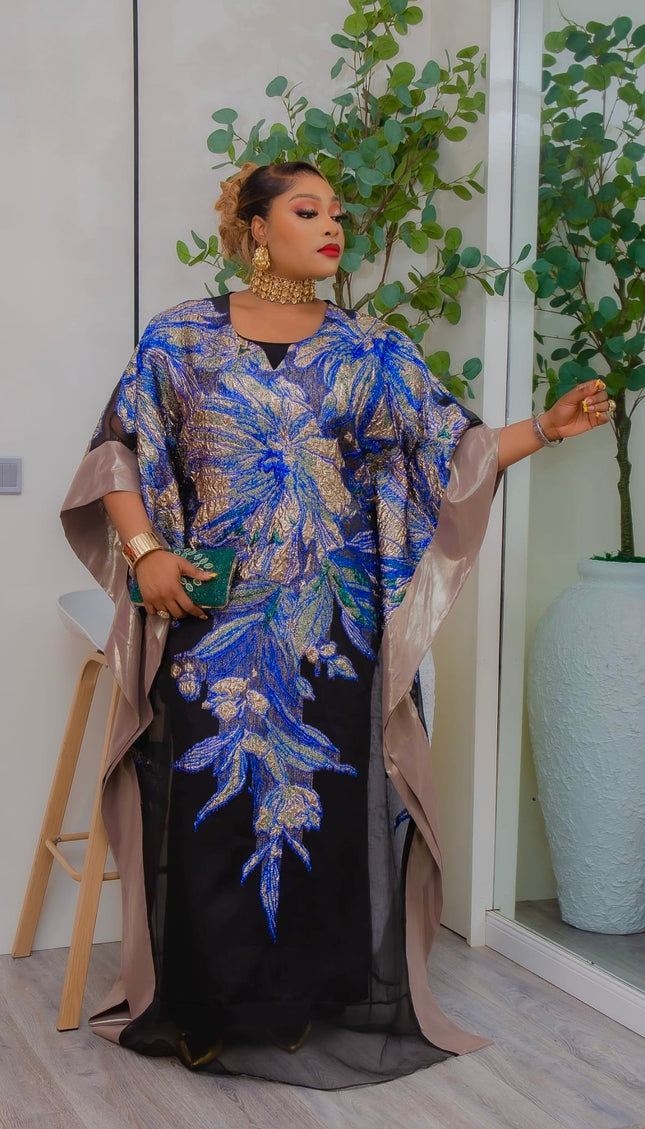 Blue Brocade Kaftan Dress: African Bubu Wedding Attire Engagement Cocktail Birthday Party
