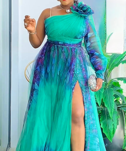One Shoulder Ombre A Line Maxi Gown with Slit, Mother of The Bride Plus Size Summer Wedding Guest Gown Birthday Party Cocktail Gala