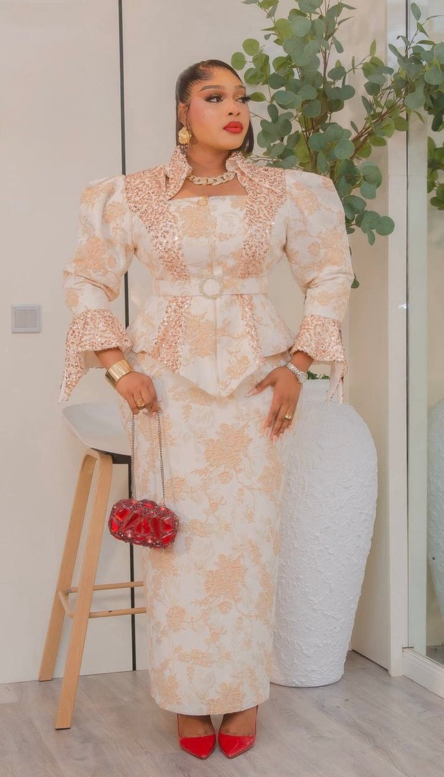 Dramatic Power Shoulder Sequin Peplum Brocade Dress, Mother of The Bride Birthday Photoshoot Gala Anniversary