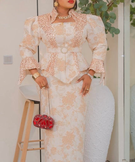 Black Brocade Dramatic Power Shoulder Sequin Top & Skirt 2-Piece Outfit, Mother of The Bride Birthday Photoshoot Gala Anniversary