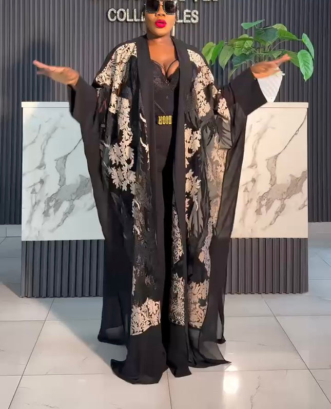Black Kimono with Gold Embroidery Women's Maxi Floor Length | Wedding Guest Birthday Party Ladies Night