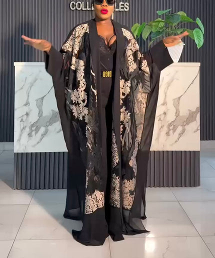Black Kimono with Gold Embroidery Women's Maxi Floor Length | Wedding Guest Birthday Party Ladies Night