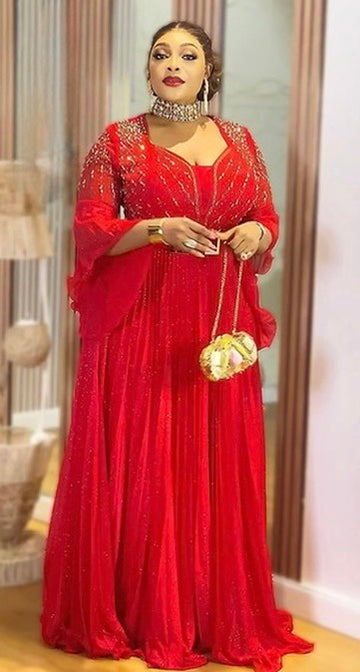 Red Embellished Flounce Sleeve Pleated A-Line Dress - Mother ofThe Bride Anniversary Gala Reception Wedding Guest